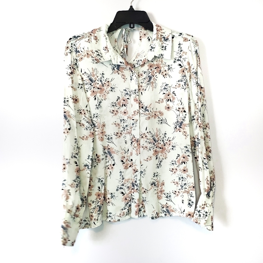 Michael Stars XS Button Down Keyhole Blouse White Pink Blue